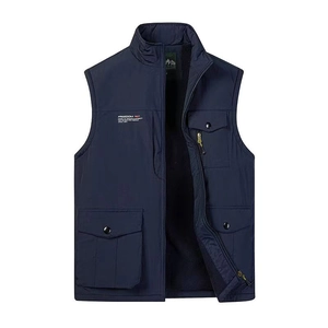 Winter fleece outdoor vest in dark blue with multi-pocket windproof and waterproof design