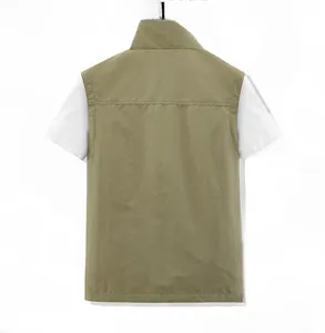 Back view of a khaki military style outdoor fishing vest with multi-pocket design