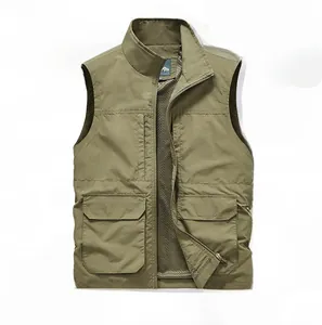 Detail view of khaki multi-pocket fishing vest with breathable mesh lining and stand collar