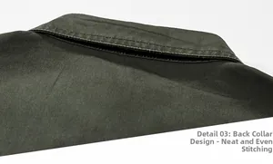 Detail of cargo shirt neckline showing flat stitches and cotton twill fabric texture