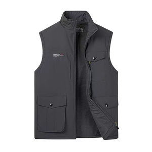 Dark grey outdoor fleece-lined vest with multiple pockets and windproof standing collar