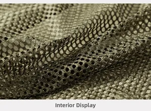 Detail view of the breathable army green mesh fabric lining for fishing vest