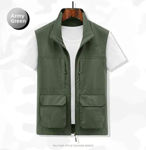 Detail of army green multi-pocket fishing vest with zipper closure and stand-up collar