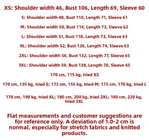 Size chart for men fleece jacket showing shoulder, chest, and length measurements from XS to 3XL