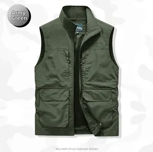 Detail of army green tactical fishing vest with multi-pockets and breathable mesh lining