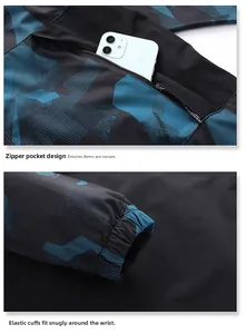 Detail of zipper pocket with camo pattern and elastic cuffs on windproof jacket