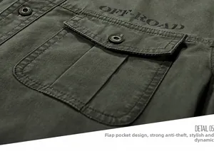 Macro detail of military green cotton work shirt featuring a flap pocket with OFF-ROAD print