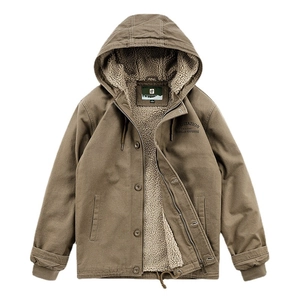 Men's brown outdoor hooded work jacket with thick warm sherpa lining and zip closure