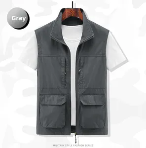 Detail view of quick-dry fishing vest with four large flap pockets and full zip in gray