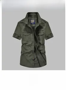 Detailed macro view of army green cotton shirt chest pocket with OFF-ROAD print