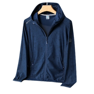 Giacca protettiva solare uomo in seta di ghiaccio UPF 50+ blu navy con foglie tropicali