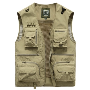 Men's khaki multi-pocket mesh outdoor vest for fishing and photography in quick-dry fabric