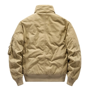 Men's khaki padded bomber jacket with ribbed cuffs and stand collar on white background