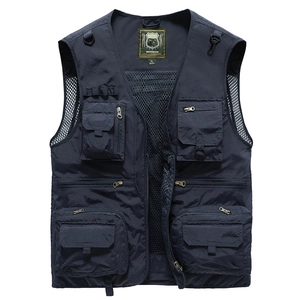 Men's dark blue outdoor fishing vest with multi-pockets and breathable mesh lining