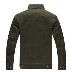 Men's military style cotton bomber jacket in army green showing the full back view