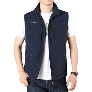 Men's quick-dry outdoor vest in navy blue with stand collar and functional zip pockets