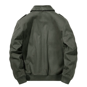 Back view of men's dark green winter bomber jacket with warm fleece collar and ribbed hem