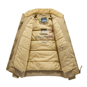 Men's khaki washed cotton jacket with sherpa collar and American vintage style prints