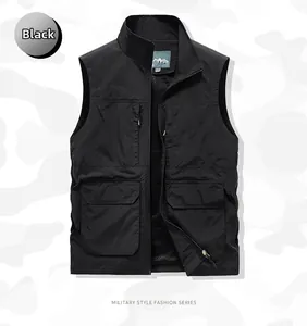 Detail of black tactical fishing vest showing multiple large utility pockets and zip closure