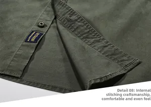 Detail of army green cotton work shirt with Outdoor label and premium stitching