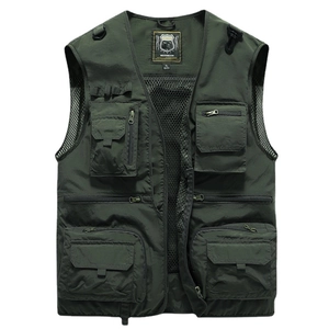 Men's outdoor mesh quick-dry fishing vest with multi-pockets in dark green