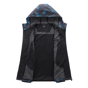 Men's lightweight hooded windbreaker with blue camouflage print and mesh lining