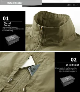 Detail view of army green fishing vest featuring stand-up collar and secure zipper pockets