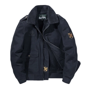 Men's navy blue shearling collar flight jacket with warm fleece lining and military patches