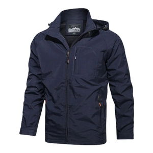 Men's dark blue hooded outdoor jacket with windproof fabric and functional zippers