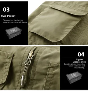 Detail of olive green fishing vest showing flap pockets and heavy-duty zipper pulls