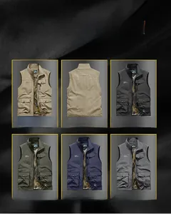 Detail view of multi-pocket outdoor vest in five colors showing front and back design