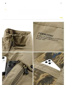Detail view of khaki fishing vest showing durable zippers, multi-pockets and mesh lining