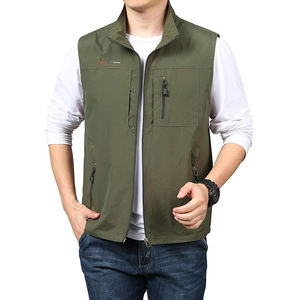 Army green quick-dry outdoor vest with multiple zipper pockets and high collar