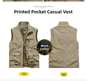 Detail view of khaki multi-pocket outdoor vest featuring breathable mesh lining design