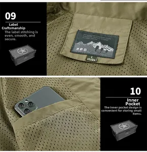 Detail of army green fishing vest featuring breathable mesh lining and inner phone pocket