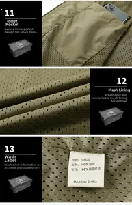Detail of army green fishing vest featuring breathable mesh lining and secure inner zipper pocket