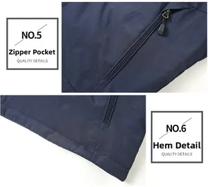 Vue détaillée de la poche zippée et de l'ourlet piqué sur le gilet en polaire bleu marine