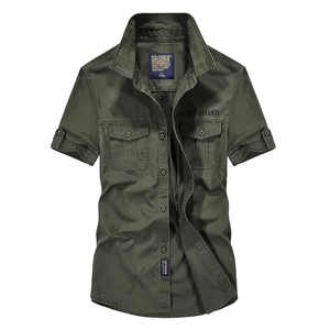 Men's Cargo Short Sleeve Shirt Pure Cotton Breathable Casual Loose Outdoor Button Down Top With Pockets OFF-ROAD Embroidery