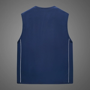 Rear view of dark blue breathable mesh fishing vest with white side trim for outdoor men