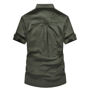 Army green cargo short sleeve shirt for men featuring a functional back box pleat