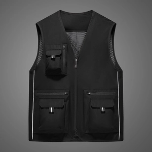 Men's black outdoor mesh fishing vest with multi-functional pockets and reflective strips