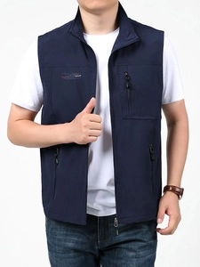 Gilet de Pêche Extérieur pour Hommes Léger à Séchage Rapide Multi Poches Col Montant Veste sans Manches Décontractée