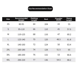 Size chart for men's casual outdoor jacket from XS to 4XL with body measurements