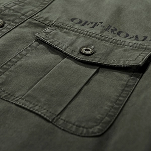 Men's cotton cargo short sleeve shirt in olive green with OFF-ROAD pocket detail