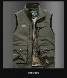 Detail of army green outdoor fishing vest showing multi-pocket design and tactical fabric