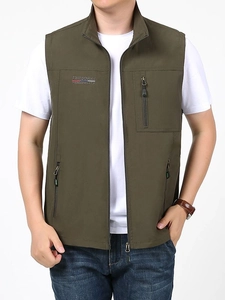 Gilet de pêche extérieur pour homme vert olive avec plusieurs poches et col montant