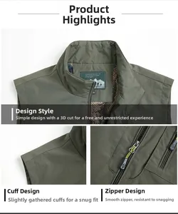 Detail of military green vest with stand-up collar, smooth zipper and breathable mesh lining