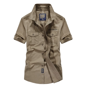 Men's khaki cotton cargo short sleeve shirt with double chest pockets and workwear style