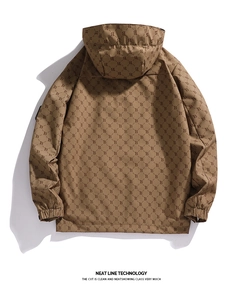 Macro detail of brown monogram print jacket featuring elastic cuffs and hooded design