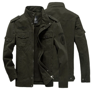 Front and back view of men's olive military tactical jacket with stand collar and badges
